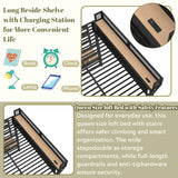 Queen Loft Beds with Storage Beside Shelves and Wardrobe, Metal Loft Bed Queen with LED Lights and USB Ports, Heavy-Duty Loft Bed Frame for Teens, Adults, Noise-Free & Space-Saving, Black Bellemave