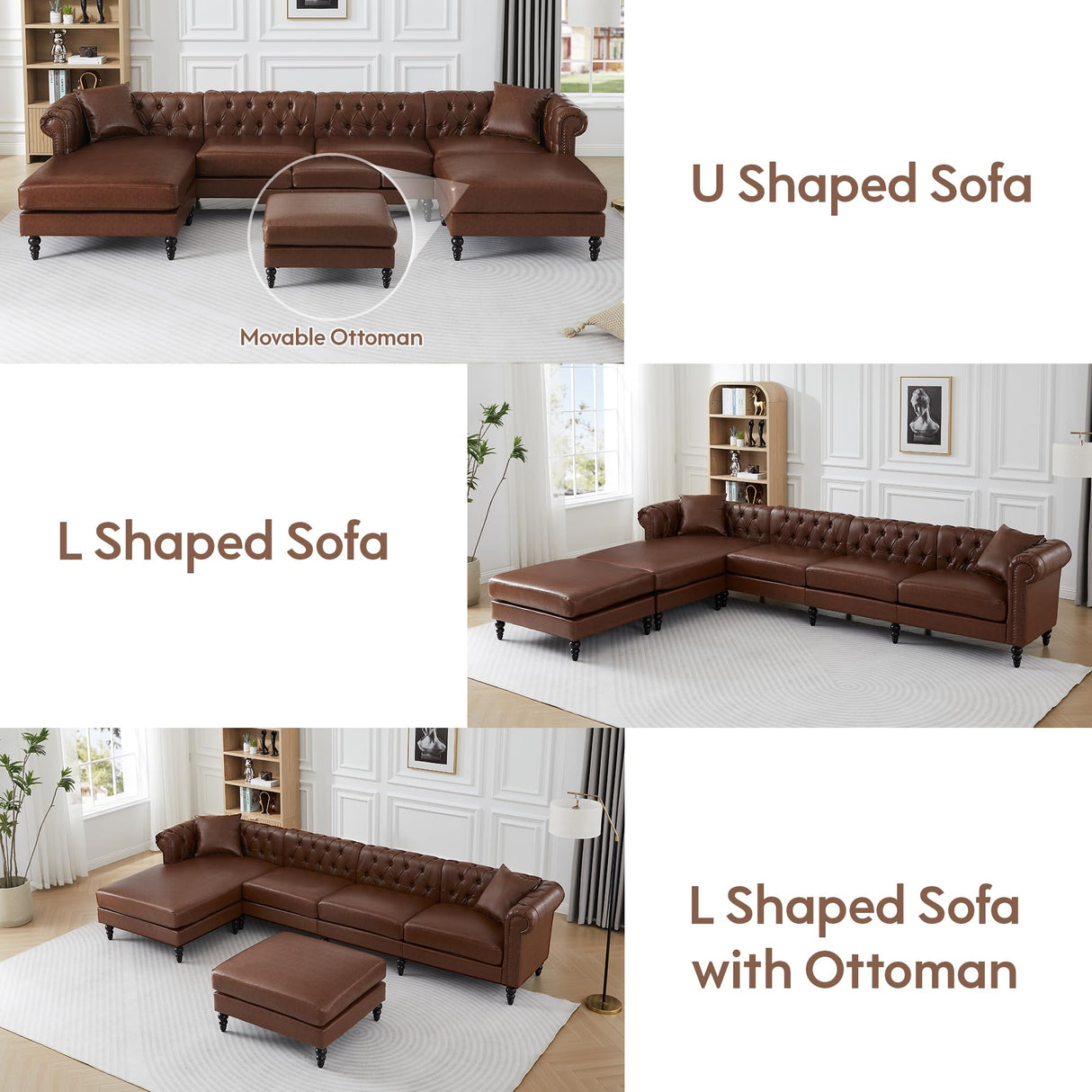 U Shaped Chesterfield Sofa, Oversized Sectional Faux Leather Couch, Chaise Ottoman Sofa Upholstered Accent Tufted Couch with Rolled Armrest and Nailhead for Living Room, Office - Brown ORRD