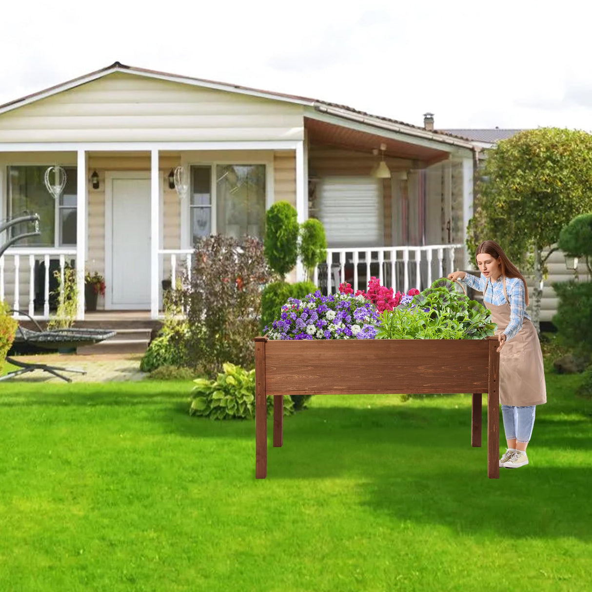 LZRS Raised Garden Bed Outdoor Planter Box with Legs for Herbs, Vegetables, Flowers, Great for Outdoor Patio, Yard and Deck, 220lb Capacity, Brown LZRS