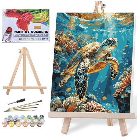 Lovepefe Sea Turtle Paint by Numbers Kit for Adults with Framed Oil Painting Kit Beginner Turtle DIY Painting Kits for Adults Paint by Number On Canvas for Gift Home Wall Decor 12x16 Inch Lovepefe