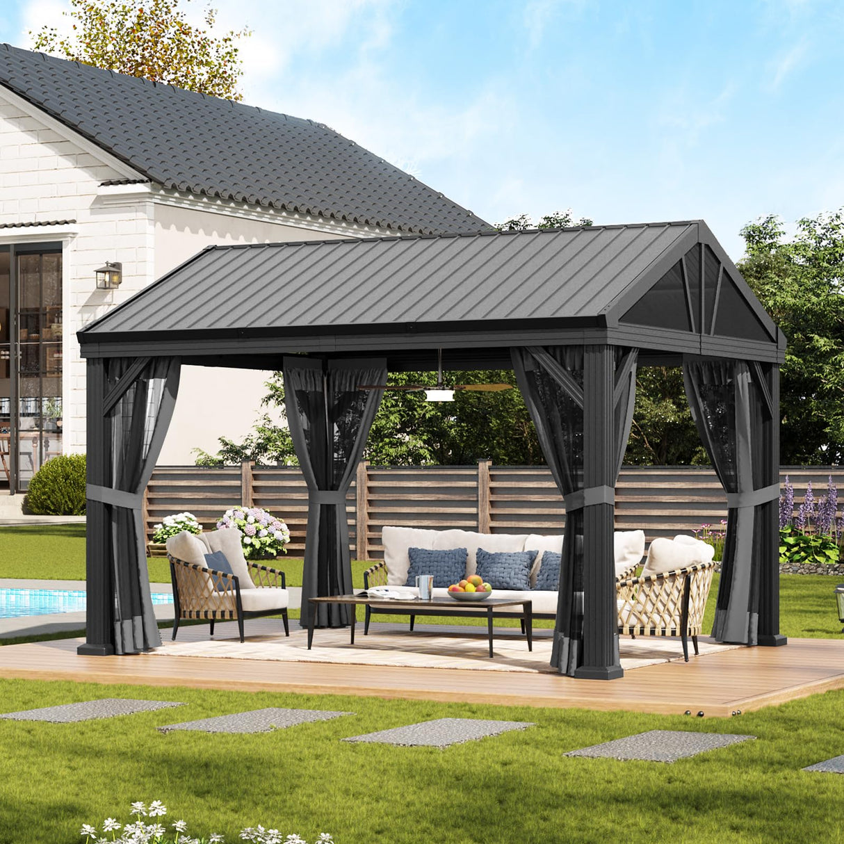 Aoxun 10' X 12' Hardtop Gazebo, Aluminum Outdoor Gazebo with Galvanized Steel Gable Roof Canopy, Patio Permanent Metal Pavilion with Netting, for Garden, Backyard, Deck Aoxun