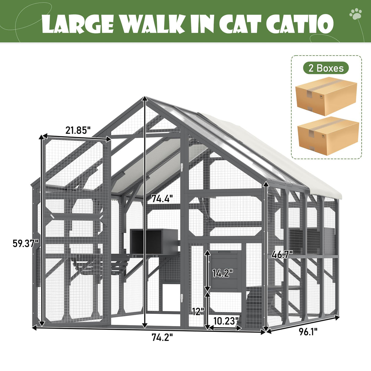 ZMAD Large Catio Outdoor Cat Enclosure for Multiple Kittens, Wooden Cat House with 7 Platforms, 2 Resting Boxes, 1 Bridge and 1 Ramp, Walk in Kitty Cage Kennel with Sunshine Board Roof, Gray ZMAD