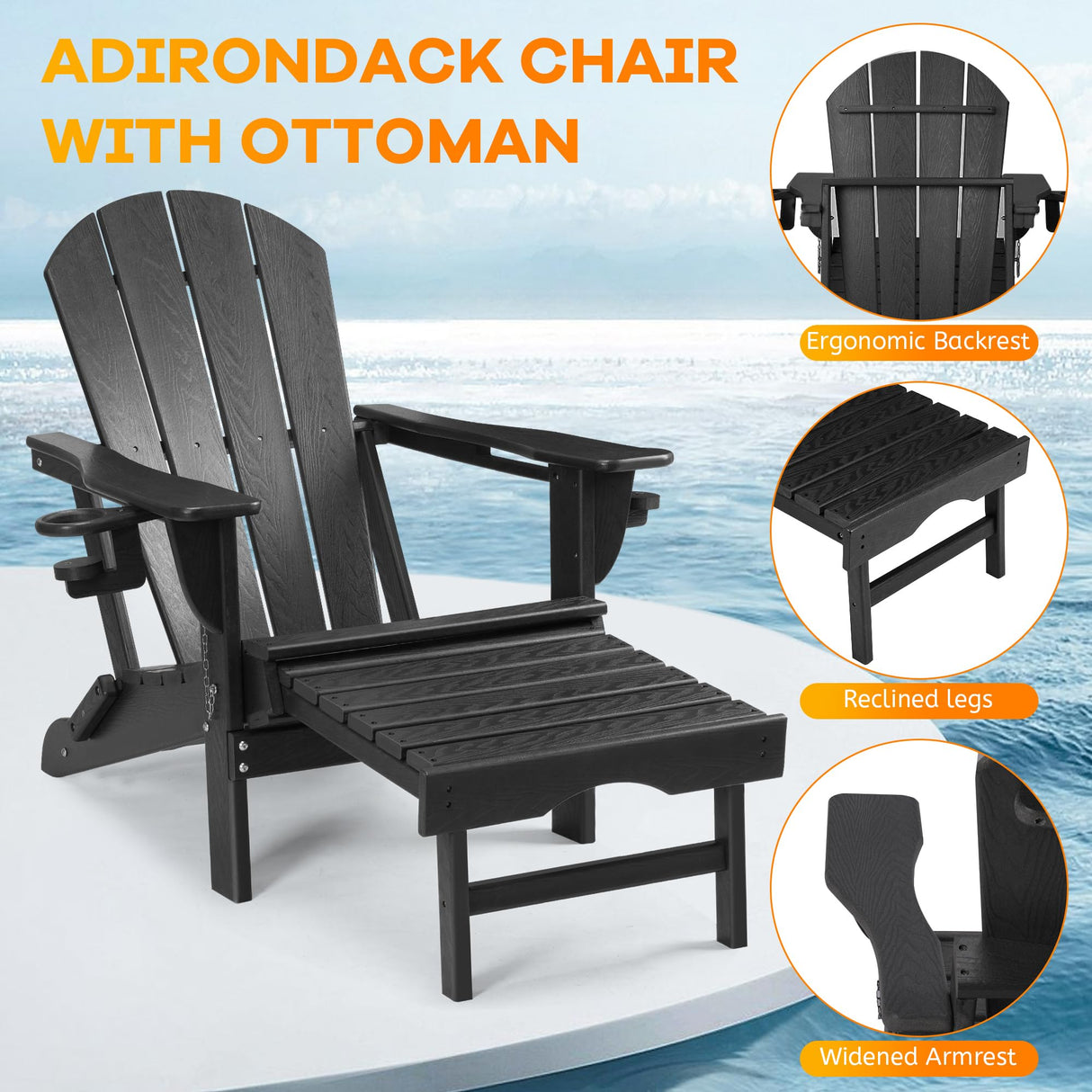 Rengue Folding Adirondack Chair with Retractable Ottoman, Patio Chair with Cup Holder, Wood Texture Fire Pit Chair, Heavy Duty HDPE Weather Resistant for Outdoor Lawn Porch Garden Backyard Deck Rengue