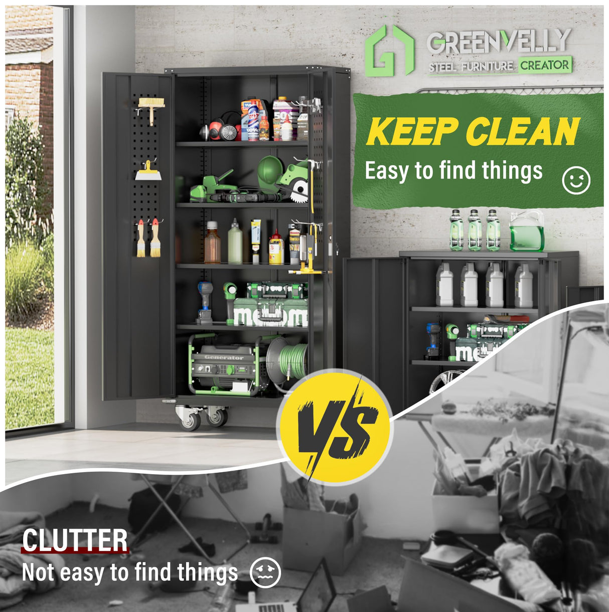 Greenvelly Metal Storage Cabinet with Wheels,72” Black Garage Storage Cabinet with Pegboards and Wheels, Rolling Tool Cabinet with Locking Doors and Shelves for Home,Basement, Kitchen Pantry,Warehouse Greenvelly