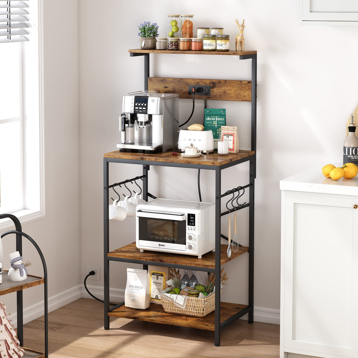 Rustic Brown SUPERJARE Kitchen Bakers Rack with Power Outlets and Hooks - 4-Tier Storage Shelf for Microwave, Coffee Bar, and More SUPERJARE