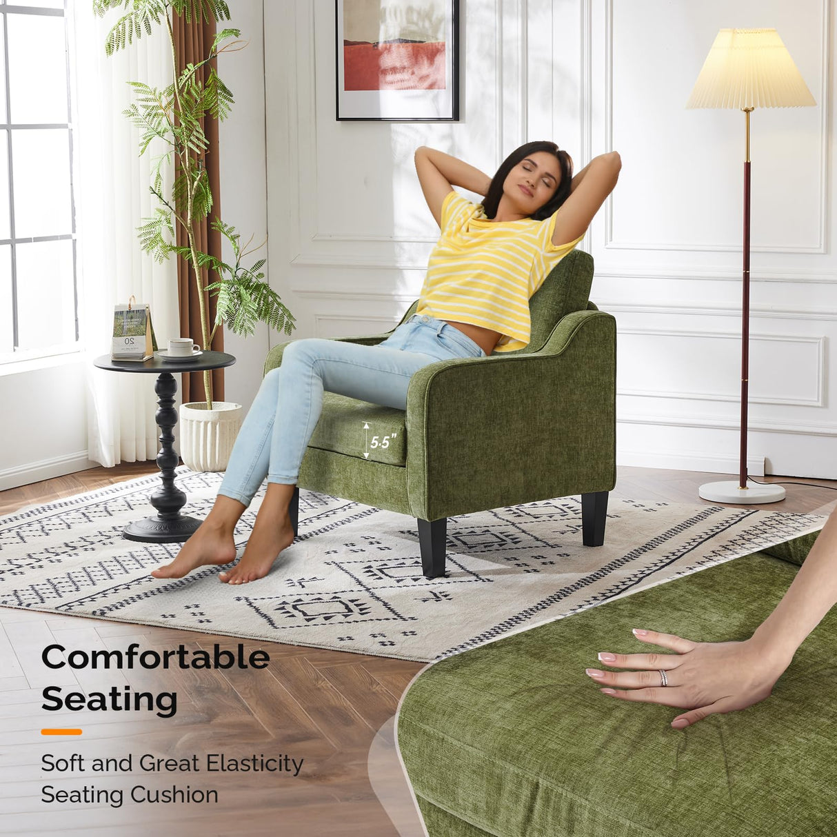 VINGLI Accent Chair for Living Room Chairs Olive Green Reading Chair for Bedroom Scooped Arm Chair Mid Century Modern Accent Chairs Upholstered Comfy Chair for Apartment, Waiting Room VINGLI