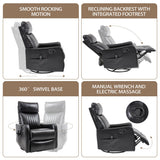 PELUMY Recliner Chair Swivel Rocking with Heat Massage - 360° Manual Recliner, 8-Point Vibrating & Lumbar Heat, Easy Assembly Chair for Living Room (Breathable Leather, Black) PELUMY