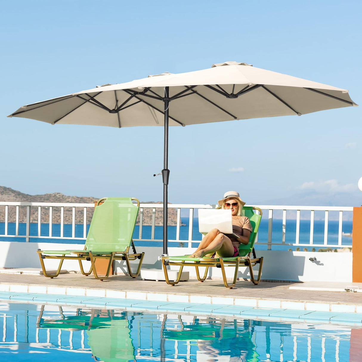 OVASTLKUY 15ft Extra Large Patio Umbrella, Double-Sided Outdoor Market Umbrella with Crank Handle for Poolside, Backyard, Garden, Deck (Khaki) No base OVASTLKUY