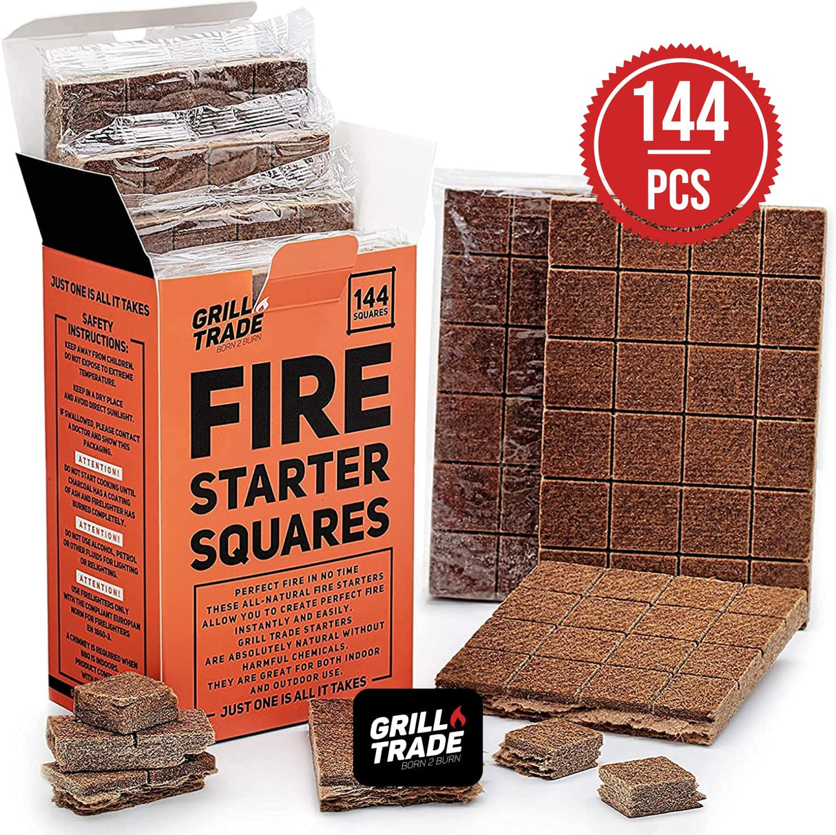 Grill Trade Fire Starter Squares 144, Easy Burn Your BBQ Grill, Camping Fire, Wood Stove, Smoker Pellets, Lump Charcoal, Fireplace - Fire Cubes are The Best Barbeque Accessories Grill Trade