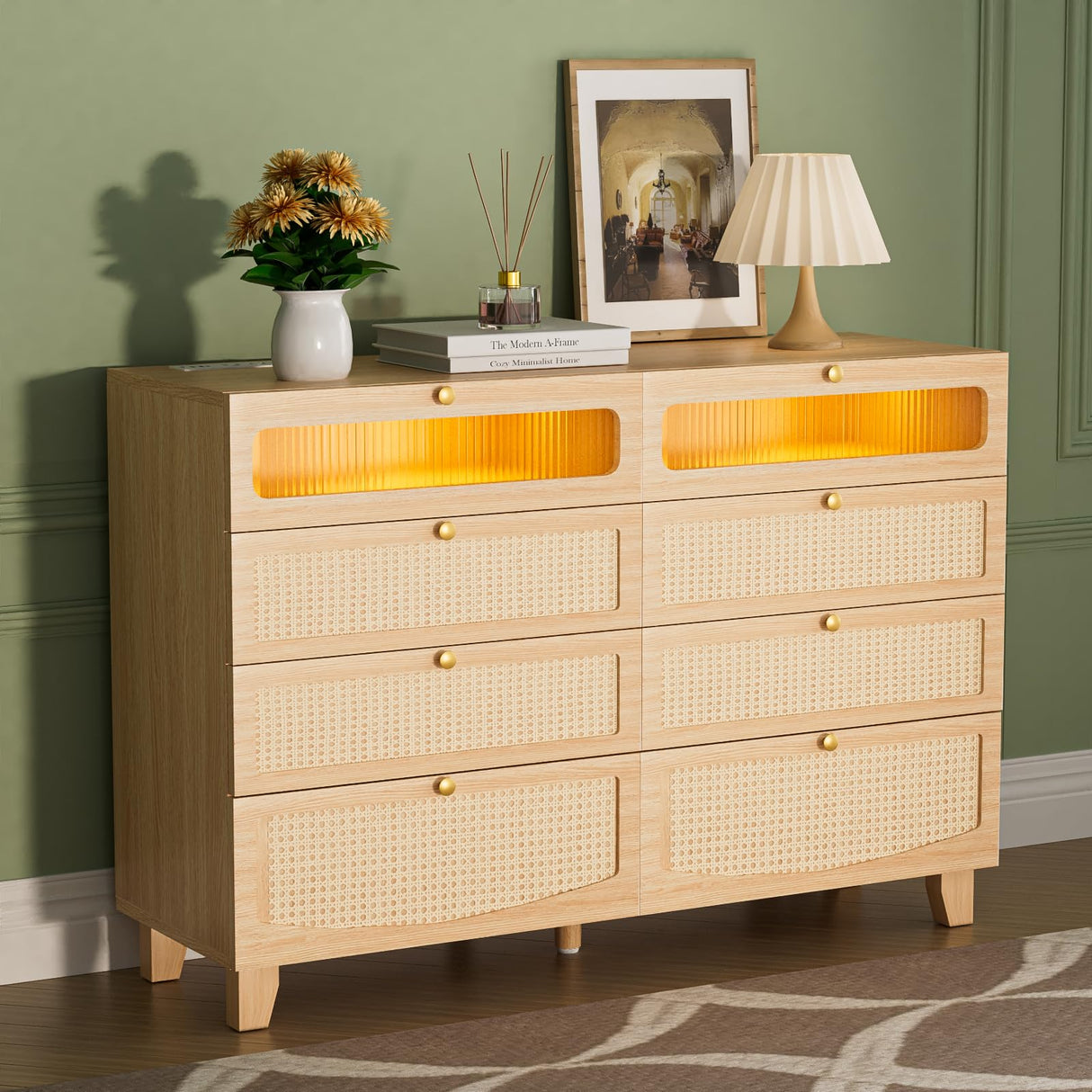 Yeyawomy Rattan Dresser for Bedroom with 8 Drawers, Wood Dresser with Charging Station & LED Lights, Boho Dressers & Chests of Drawers for Bedroom Yeyawomy