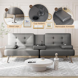 Shahoo Convertible Folding Futon Sofa Bed Sleeper Couch for Living Room Faux Leather Upholstered Loveseat w/Removable Armrests, Metal Legs, 2 Cup Holders, Gray Shahoo