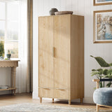 VINGLI Fluted Wardrobe Closet Armoire with Doors And Drawers, Wardrobe Cabinet with Hanging Rack, Bedroom Closet Wood, Oak Free Standing Armoire with Shelf and Solid Wood Legs, 31.5"W*19.7"D*69.3"H VINGLI