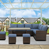 Wisteria Lane 7 Pieces Patio Furniture Set Outdoor Furniture Sectional, High Back Outdoor Patio Dining Table Set, Wicker Patio Conversation Set with Cushions for Balcony Lawn and Garden, Blue Wisteria Lane