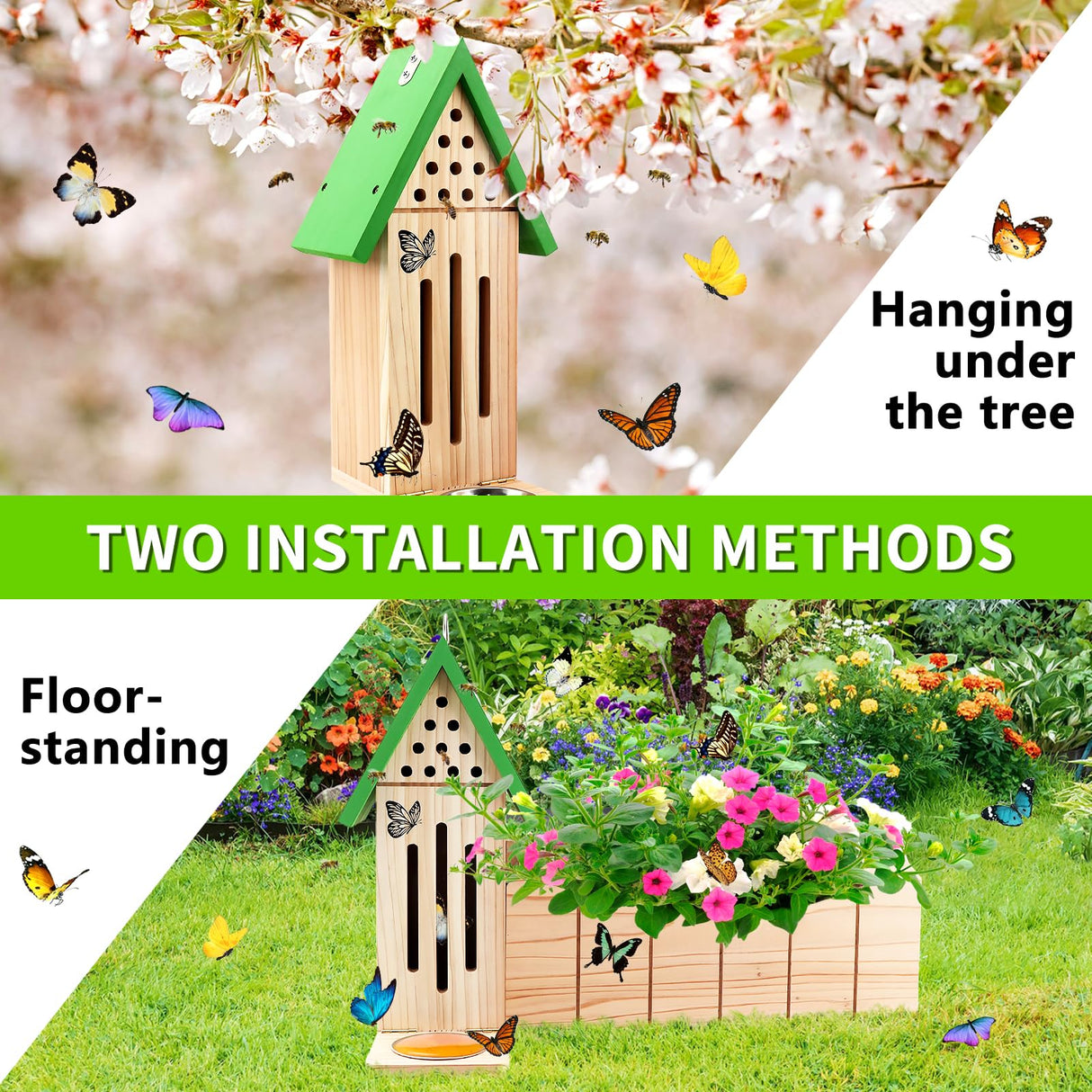 4-in-1 Butterfly House Feeder Bee House with Flower Pot, Wooden Butterfly Houses for The Garden, Butterfly Feeders for Outdoors, Natural Butterfly Garden Kit Habitat for Outside Beyoogeem