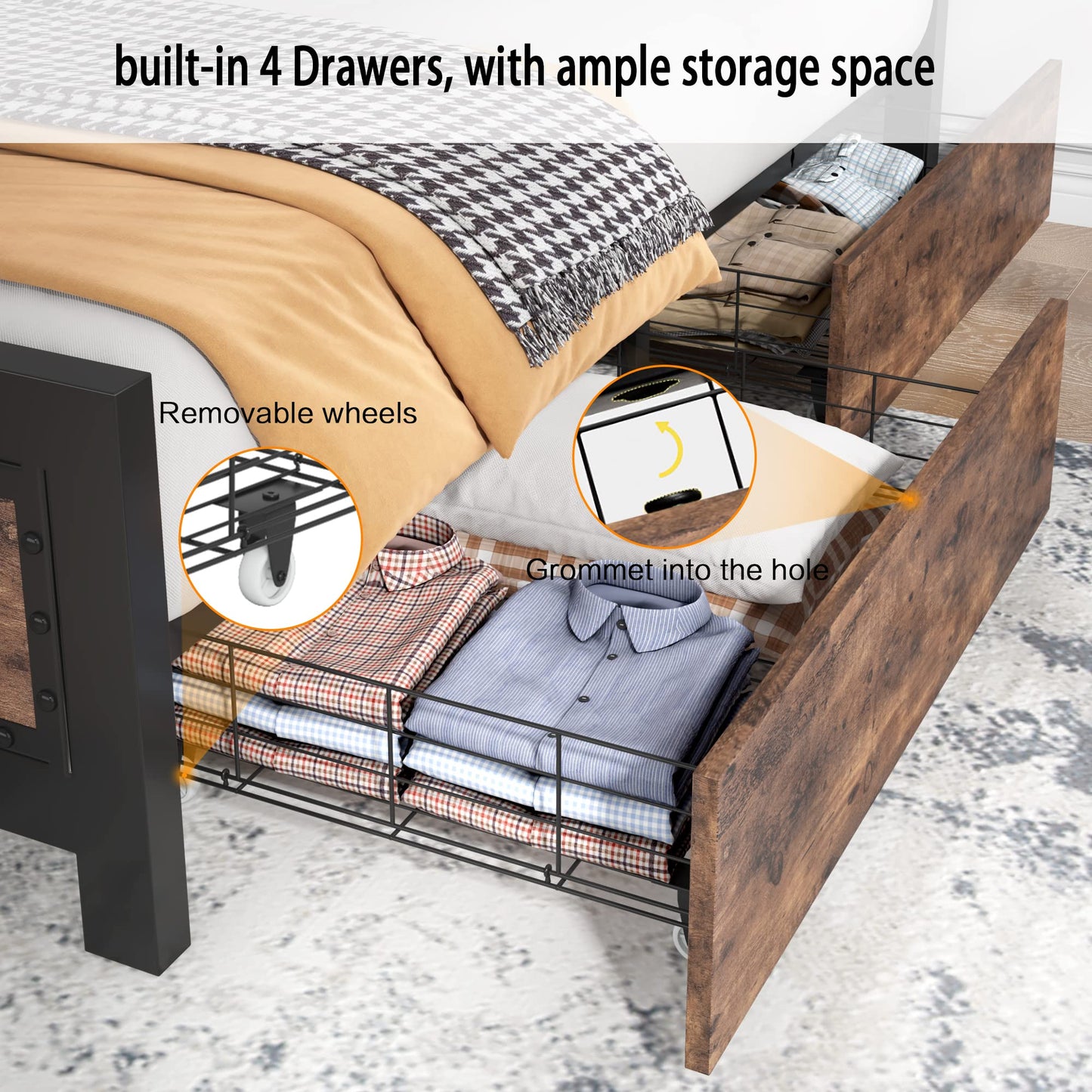 Keyluv Vintage Brown King Bed Frame with 4 Storage Drawers and Rivet Headboard - WoodArtSupply