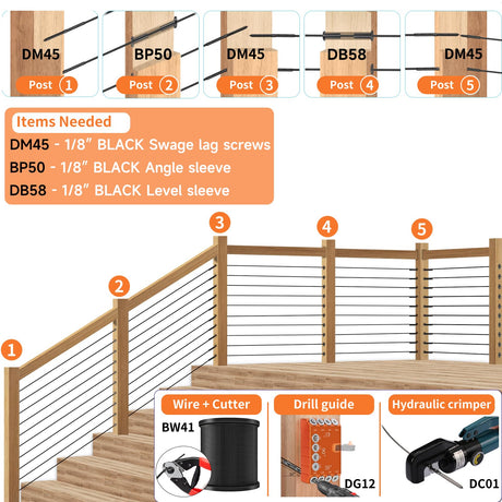 Steel DN Mate 100 Pack Stainless Steel Protector Sleeves for 1/8”, 5/32", 3/16" Wire Rope Cable, Black Cable Railing Kit Hardware for Wood Post, T316 Marine Grade DB11 Steel DN Mate