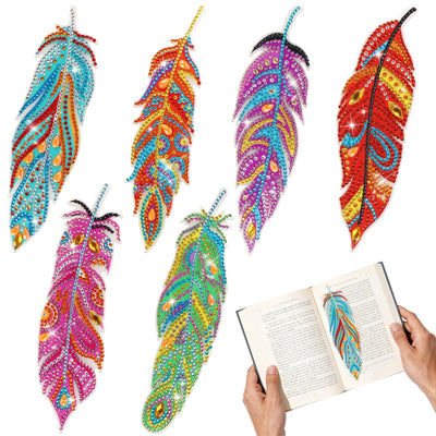 Hooqict 6Pcs 5D Diamond Art Painting Bookmarks Acrylic Diamond Art Feather Bookmark with DIY Painting Kits for Beginners Kids Adults Book Lovers Birthday Graduation Halloween Christmas Gift