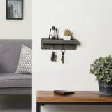 MyGift 10 Inch Floating Wall Shelf with Hooks, Vintage Grey Wood Entryway Storage Shelf with 4 Metal Key Hooks MyGift