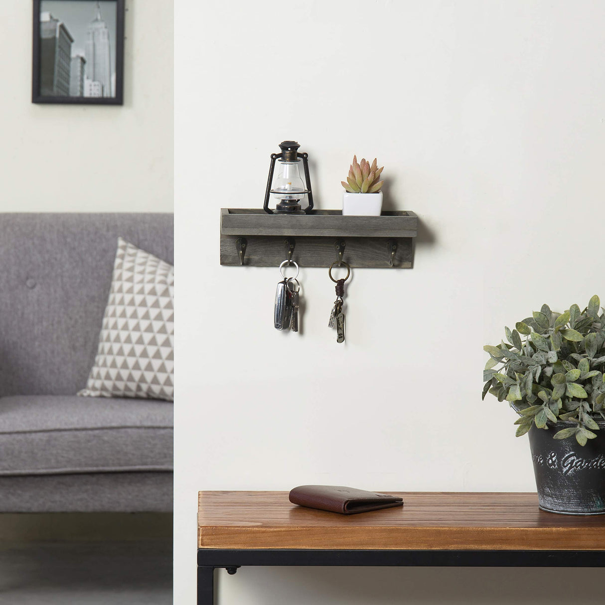 MyGift 10 Inch Floating Wall Shelf with Hooks, Vintage Grey Wood Entryway Storage Shelf with 4 Metal Key Hooks MyGift