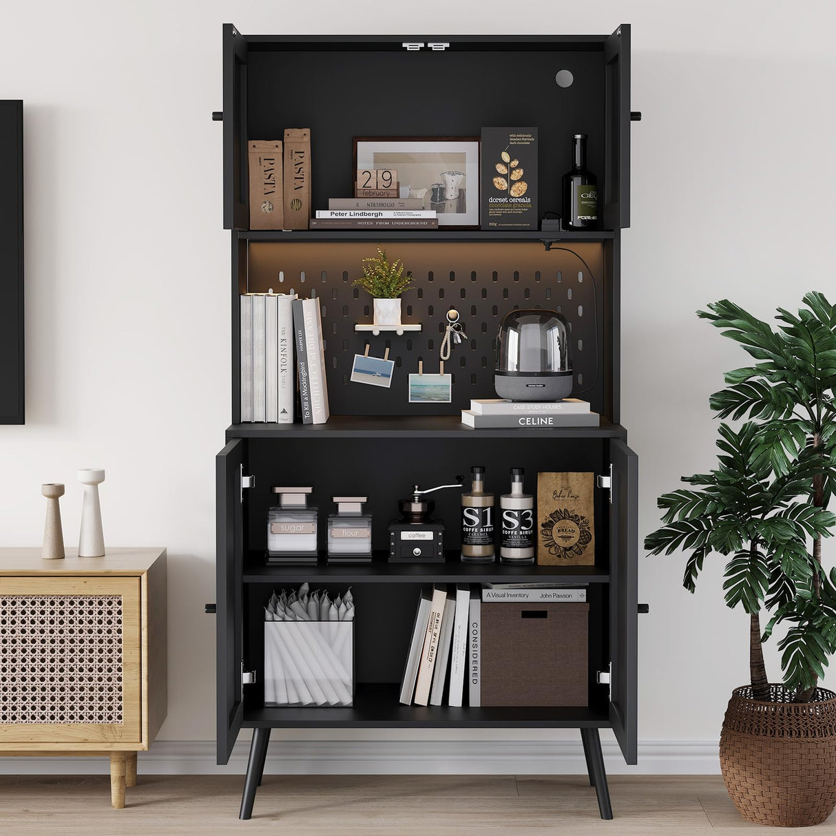 Svimi Rattan Kitchen Pantry Storage Cabinet with Power Outlets, LED Lights, Pegboard - 62.6" Tall Hutch Sideboard Buffet Cabinet, Organized Storage for Kitchen, Dining Room and Hallway Black Svimi