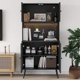 Svimi Rattan Kitchen Pantry Storage Cabinet with Power Outlets, LED Lights, Pegboard - 62.6" Tall Hutch Sideboard Buffet Cabinet, Organized Storage for Kitchen, Dining Room and Hallway Black Svimi