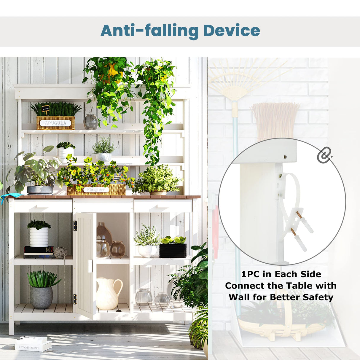 Merax 66" Large Outdoor Farmhouse Wooden Potting Bench Table, Garden Workstation with 2 Drawers, Cabinet, and Open Shelves for Backyard, Mudroom, White Merax