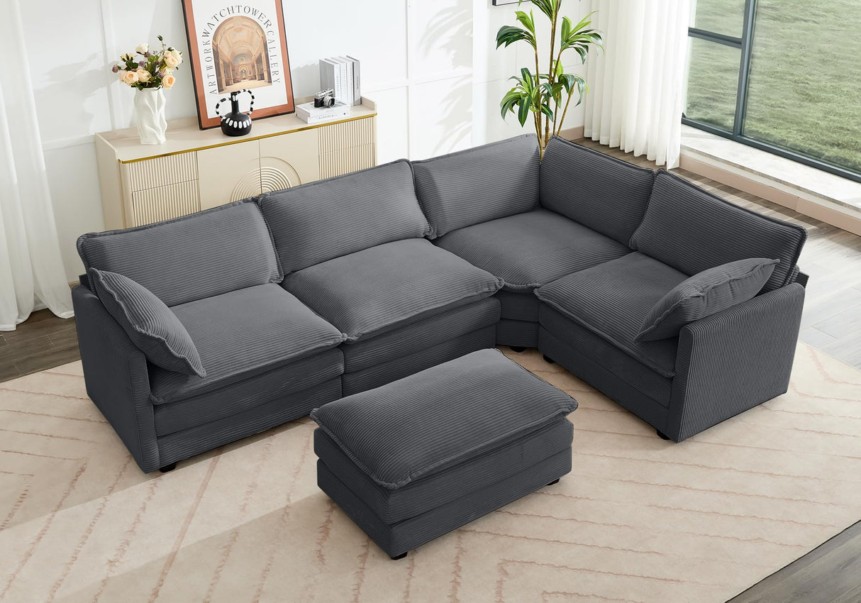 ROWHY 113'' Modular Sectional Cloud Couch, 5 Seater Corner Sofa Big Comfy Corduroy Oversized L Shaped Couch with 2 Pillows, Ottoman, Deep Seat Sectional Couches for Living Room Office, Dark Grey ROWHY