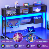 SEDETA L Shaped Gaming Desk with Hutch, 57.5” Reversible Corner Computer Desk with Storage Shelves, Gaming Desk with Pegboard, LED Lights, Power Outlet, Keyboard Tray and Storage Bag, Black SEDETA