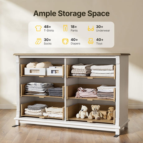 Amada Farmhouse 6 Drawers Dresser for Bedroom, 47" Wide Wood Rustic Chest of Drawers with Roman Column Design, Vintage Design, Large Storage Organizer for Bedroom, Living Room, Antique White and Brown AMADA HOMEFURNISHING