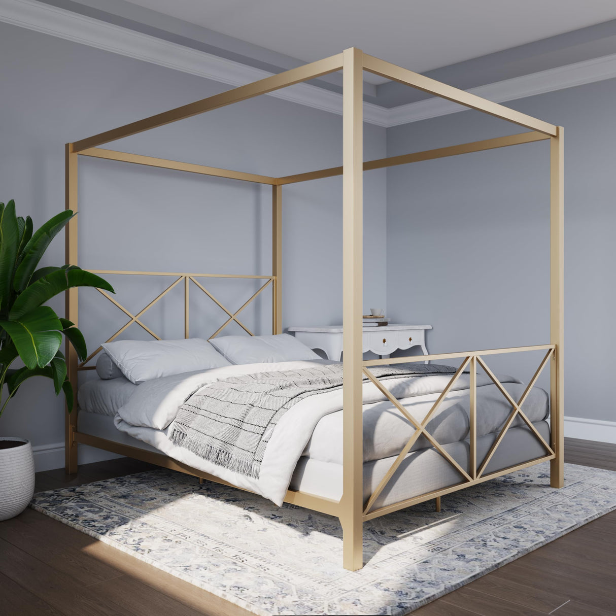 DHP Rosedale Metal Canopy Bed Frame with Four Poster Design and Geometric Accented Headboard and Footboard, Underbed Storage Space, Queen, Gold DHP
