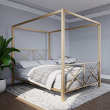 DHP Rosedale Metal Canopy Bed Frame with Four Poster Design and Geometric Accented Headboard and Footboard, Underbed Storage Space, Queen, Gold DHP
