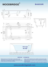 WOODBRIDGE 60" Acrylic Rectangular Alcove Soaking Bathtub in White with Right Drain, Matte Black Pop-Up Drain Included BA6030R WOODBRIDGE