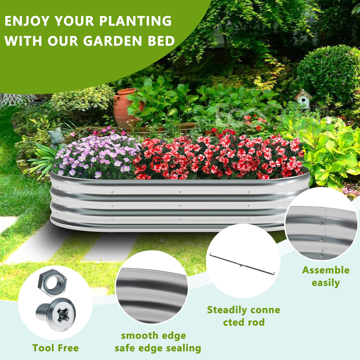 zizin 2 Pack Galvanized Raised Garden Bed Metal Oval Raised Garden Beds Outdoor Planter Box for Vegetables (6x3x1FT, Silver) zizin