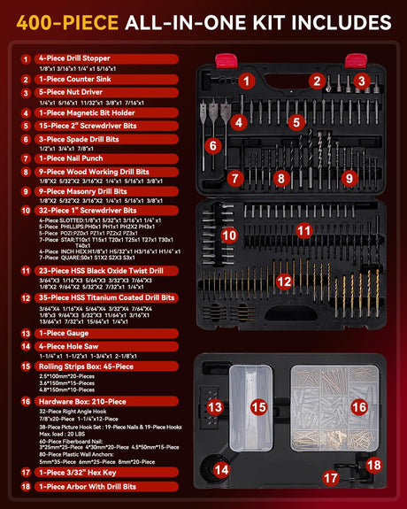 KingTool 400 Pcs Drill Bit Set - Drill Bits Screwdriver Bit Set Case with Drawer, Bit Set Designed for Various Drilling & Screw Driving Tasks for Metal, Wood, Masonry, Perfect for DIY Projects KingTool