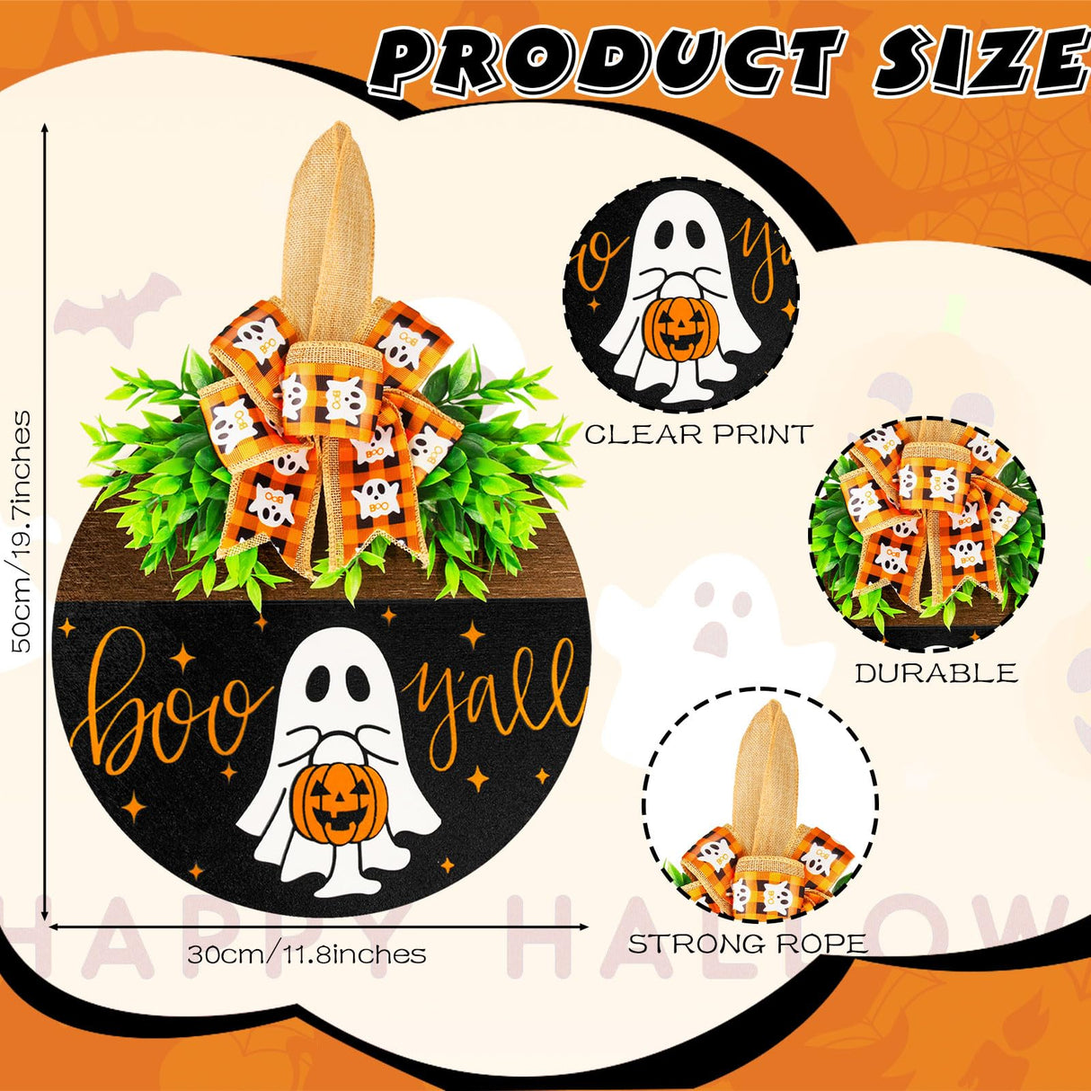 Halloween Wooden Welcome Sign for Front Door Hanging Spooky Ghost Boo Yall Sign with Bow Halloween Wooden Door Hangers Wreath for Farmhouse Home Window Outdoor Wall Party Decoration Supplies Denylo pro