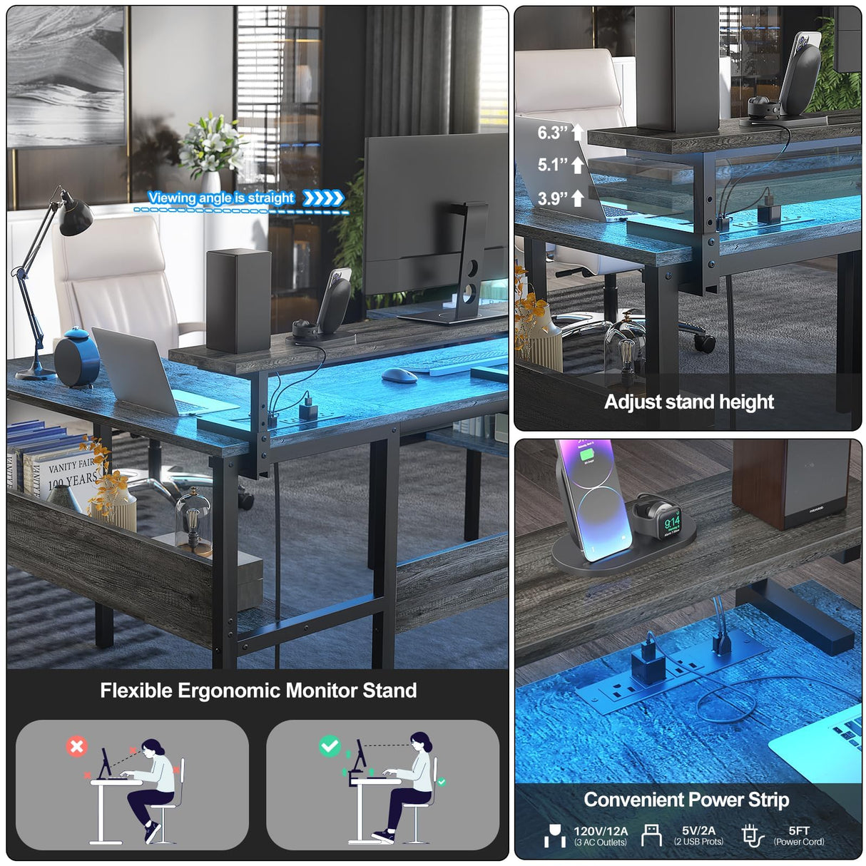 Hyomdeck Customizable U Shaped Desk & L Shaped Office Desks with RGB LED Light, Adjustable Monitor Stand and Power Outlets, Reversible Computer Desk with Storage, Large L Shape Gaming Table, Black Oak Hyomdeck