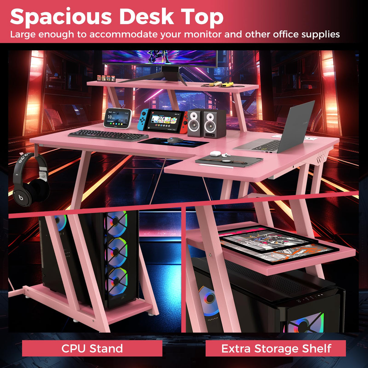 Tangkula L Shaped Gaming Desk with Power Outlets, Small Gaming Computer Desk 39inch with Storage Shelf, Corner Desk with Carbon Fiber Texture, Gamer Desk Gaming Table (Pink) Tangkula