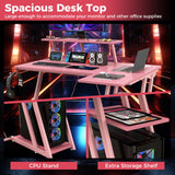 Tangkula L Shaped Gaming Desk with Power Outlets, Small Gaming Computer Desk 39inch with Storage Shelf, Corner Desk with Carbon Fiber Texture, Gamer Desk Gaming Table (Pink) Tangkula
