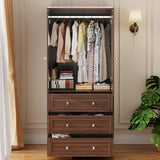 VOWNER Armoire Wardrobe Closet with Drawers and Mirror, 71" Clothing Storage Cabinet with Hanging Rod, 2 Doors Wooden Wardrobe Cabinet for Bedroom (Walnut, 18.9" D x 31.5" W x 71" H) VOWNER