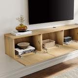 WAMPAT Floating TV Stand, Wall Mounted Shelf, Modern Floating Entertainment Center with 3 Fluted Flip-Down Doors, 70" Large Storage Media Console Wall Unit for Living Room,Bedroom, Oak WAMPAT