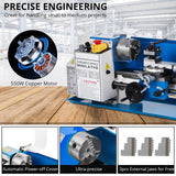 Metal-Lathe-Machine Threading Turning Drilling - Metalworking Machine 550W Mini Metal Lathe 7" x 12" Benchtop with 3-Inch 3-Jaw Chuck Double Feed Tool Box and Dirll Euker