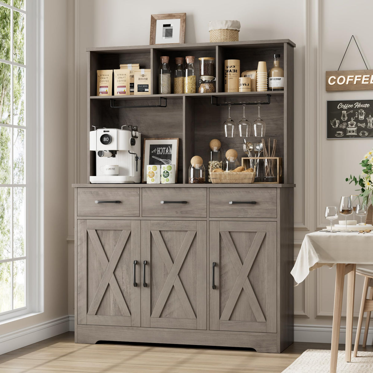 HOSTACK Buffet Cabinet with Hutch, Modern Farmhouse Kitchen Buffet Sideboard Storage Cabinet with 3 Drawers, Barn Door Coffee Bar Station, Liquor Cabinet for Dining Room, Living Room, Ash Grey HOSTACK