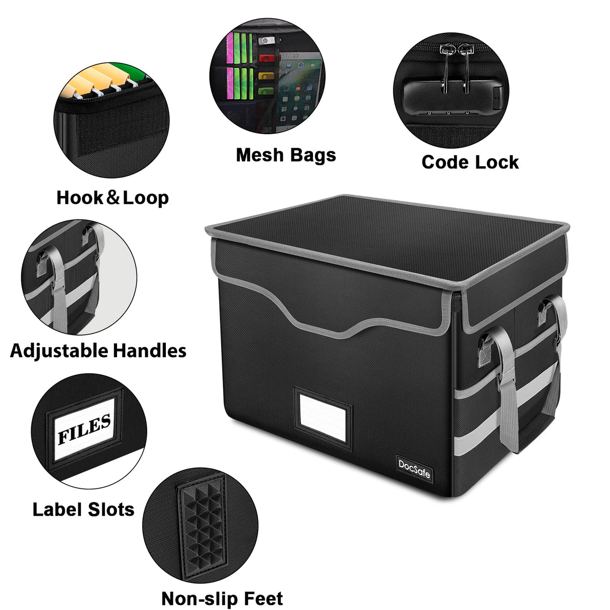 DocSafe File Box Fireproof Document Box with Lock,File Storage Organizer Box with Mesh Pockets,Collapsible Portable File Box Home Office File Cabinet with Handle for Hanging Letter/Legal Folder,Black DocSafe