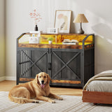 HOOBRO 43.3" Large Dog Crate Furniture with LED Lights, Heavy Duty Dog Kennel Indoor with Storage Shelves, Wooden Crate End Table for Large Medium Dogs, Rustic Brown and Black BF89DGW03 HOOBRO