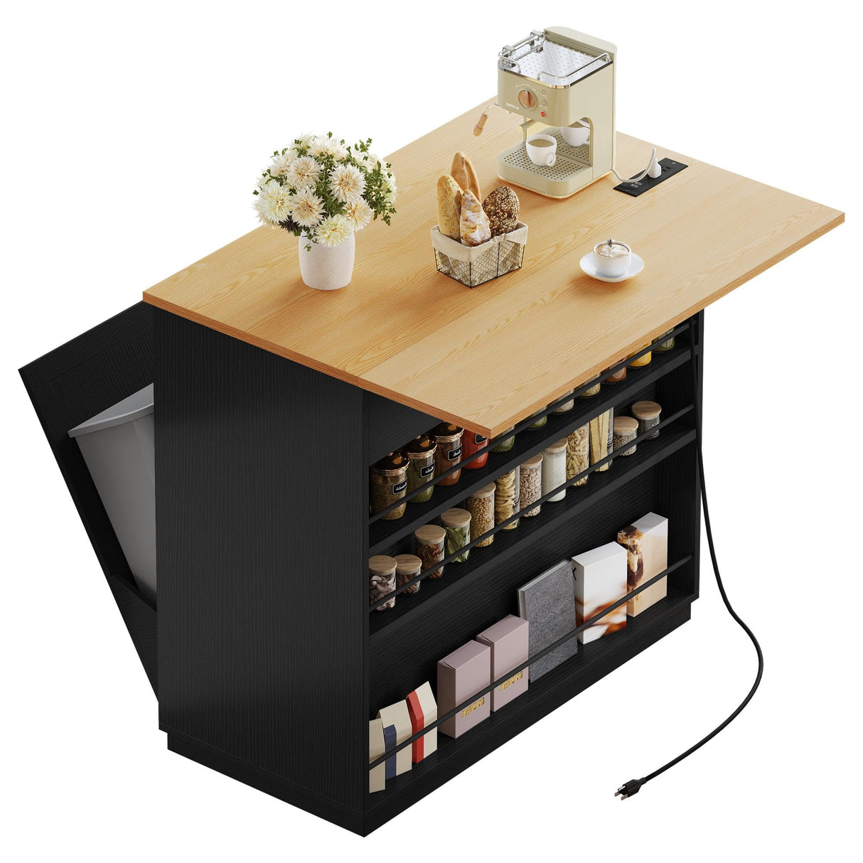 YITAHOME Drop Leaf Kitchen Island with Double Tilt Out Trash Cabinet, Rolling Kitchen Trash Recycling Cabinet with Power Outlet, Drawers, 20 Gallon Garbage Bin Storage for Kitchen Dining Area, Black YITAHOME