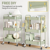 TOOLF 3 Tier Rolling Cart Storage Organizer, Metal Rolling Utility Cart with Wheels, Hooks & Bins Esthetician Craft Art Sturdy Storage with Pegboard for Bathroom, Kitchen, Office, Nursery Diaper TOOLF