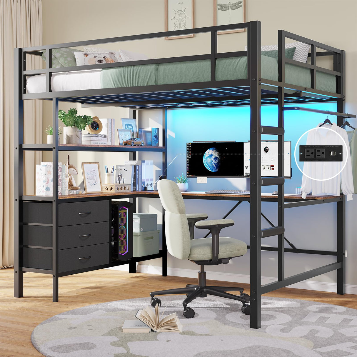 DICTAC Loft Bed Full Size with L-Shaped Desk and Charging Station Full Metal Bed Frame with LED Lights,Open Shelves and 3 Fabric Storage Drawers,Loft Beds with Top Bunk -Safety Guard & Stairs,Black DICTAC