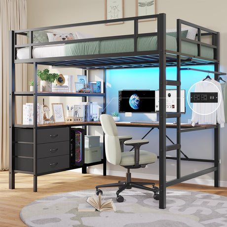DICTAC Loft Bed Full Size with L-Shaped Desk and Charging Station Full Metal Bed Frame with LED Lights,Open Shelves and 3 Fabric Storage Drawers,Loft Beds with Top Bunk -Safety Guard & Stairs,Black DICTAC