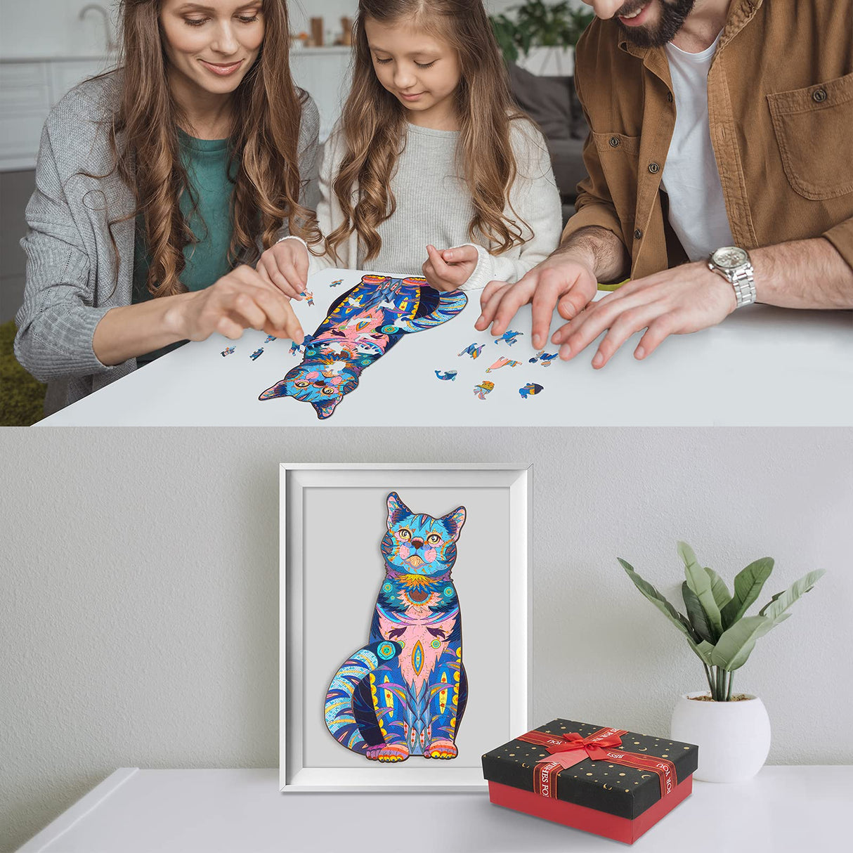 Wooden Puzzles for Adults, Wooden Blue Cat Jigsaw Puzzles with Animal Shaped Pieces, Unique Wood Cat Shape Puzzle for All Ages, Ideal for Challenging and Gift (6.1×11 inches) 100 pcs - S Tryuunion