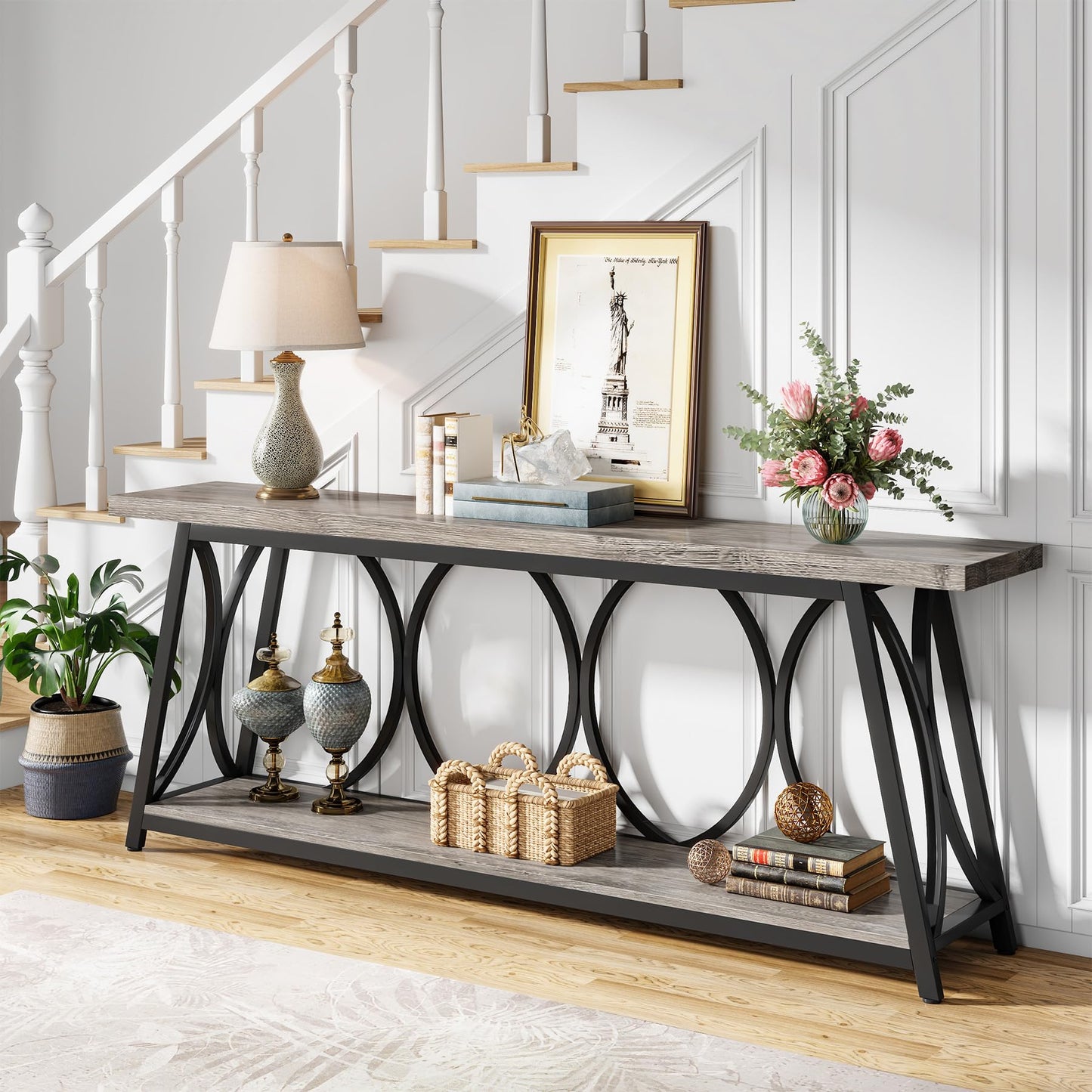 Tribesigns 70.9 inch Extra Long Console Table, Industrial Sofa Table Behind Couch with 2 Tier Storage Shelf, Narrow Entryway Hallway Accent Table for Living Room, Grey - WoodArtSupply